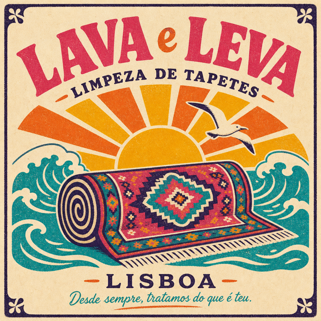 Ilustração vintage da Lava e Leva: tapete enrolado sobre ondas, sol e gaivota em Lisboa